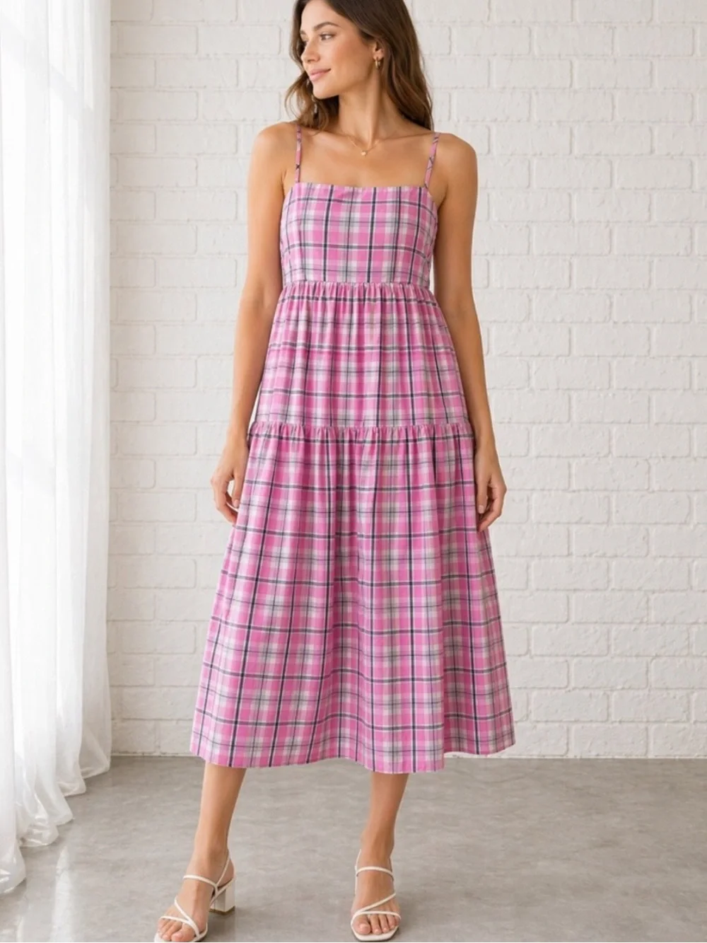 NWT J. Crew Pink Plaid Sleeveless Tie Back Tiered Hem Midi Dress